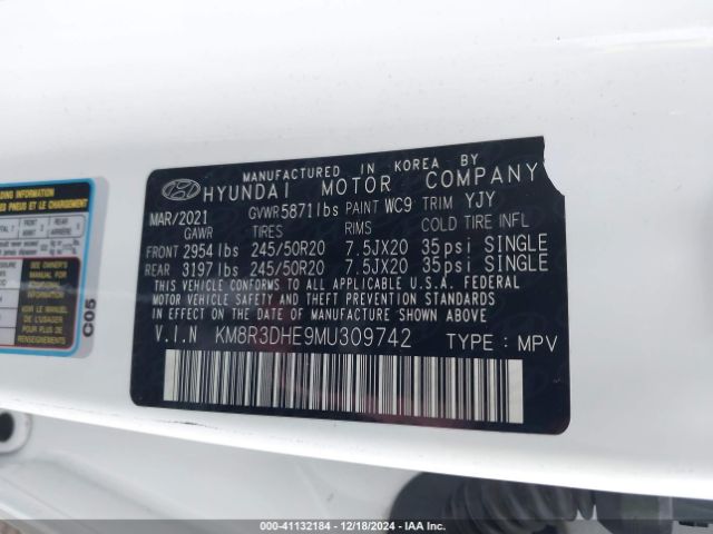 KM8R3DHE9MU309742 Hyundai Palisade Sel