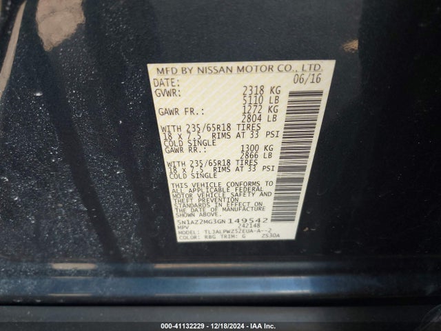 Nissan MURANO S 2016 5N1AZ2MG3GN149542 Image 9