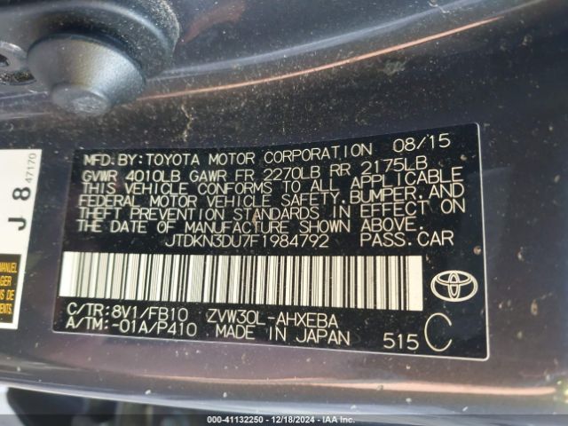 JTDKN3DU7F1984792 Toyota Prius Two