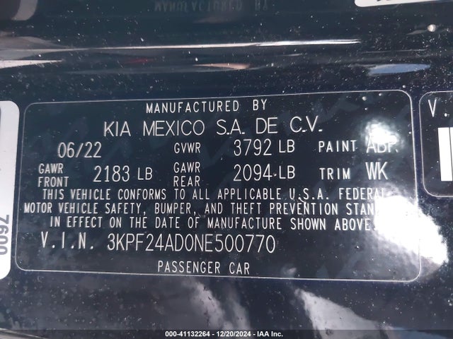 3KPF24AD0NE500770 KIA FORTE FE
