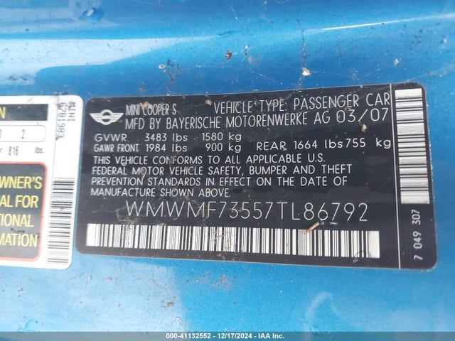2007 MINI COOPER S WMWMF73557TL86792 Photo 8