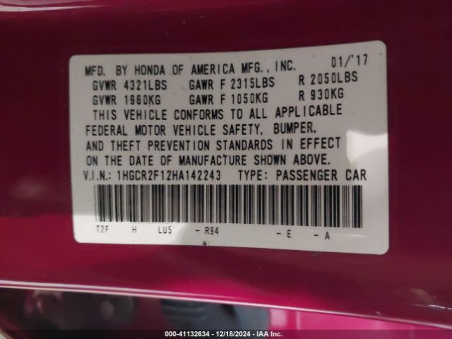 1HGCR2F12HA142243 Honda Accord Sport Se
