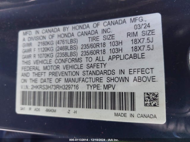 2HKRS3H73RH329716 Honda Cr-v Ex-l 2wd