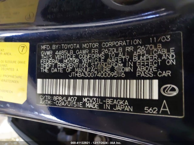 Продажа на аукционе авто 2004 Lexus Es 330, vin: JTHBA30G740009576, номер лота: 41132921