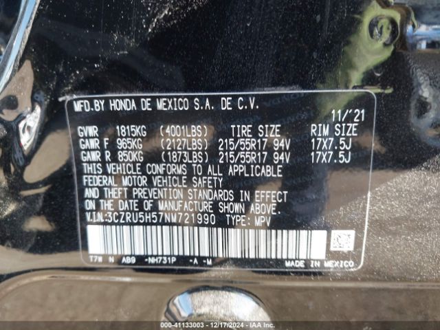 3CZRU5H57NM721990 Honda Hr-v 2wd Ex