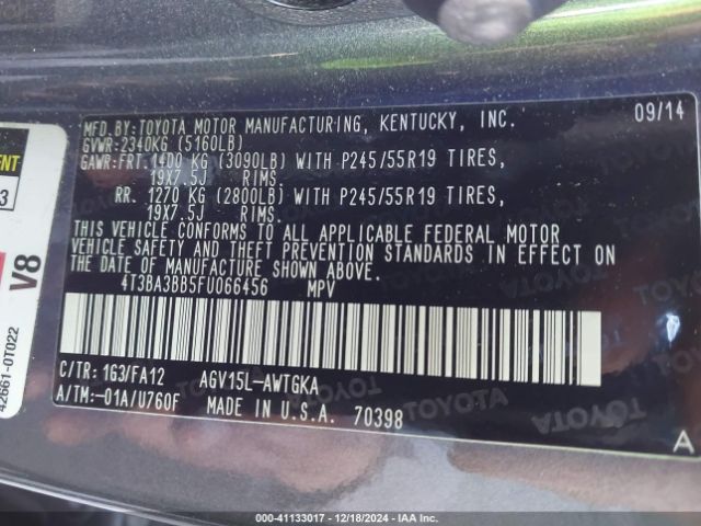 4T3BA3BB5FU066456 Toyota VENZA LE