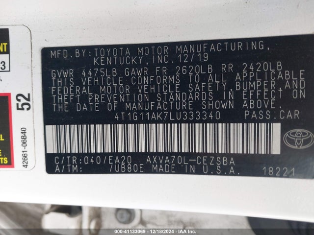Toyota CAMRY SE 2020 4T1G11AK7LU333340 Image 9