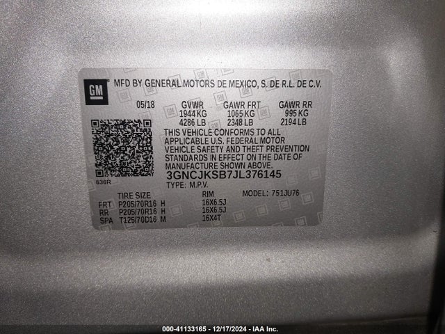Chevrolet TRAX LS 2018 3GNCJKSB7JL376145 Image 9