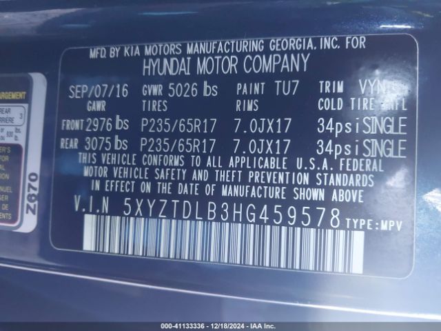 5XYZTDLB3HG459578 Hyundai Santa Fe Sport 2.4l