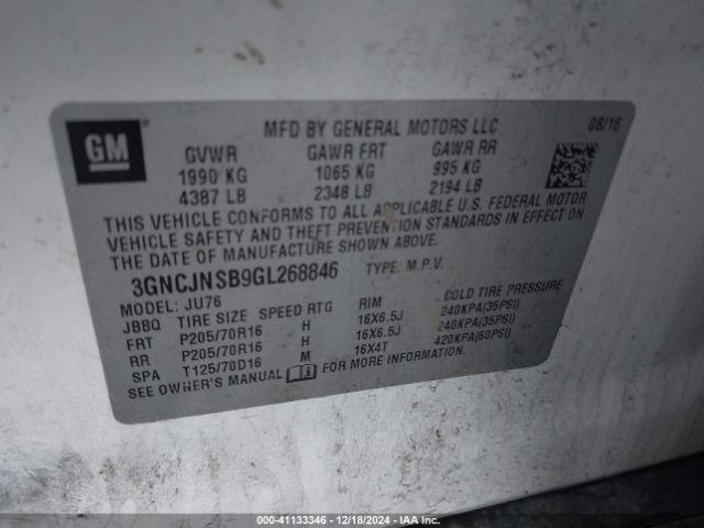3GNCJNSB9GL268846 Chevrolet Trax 1ls