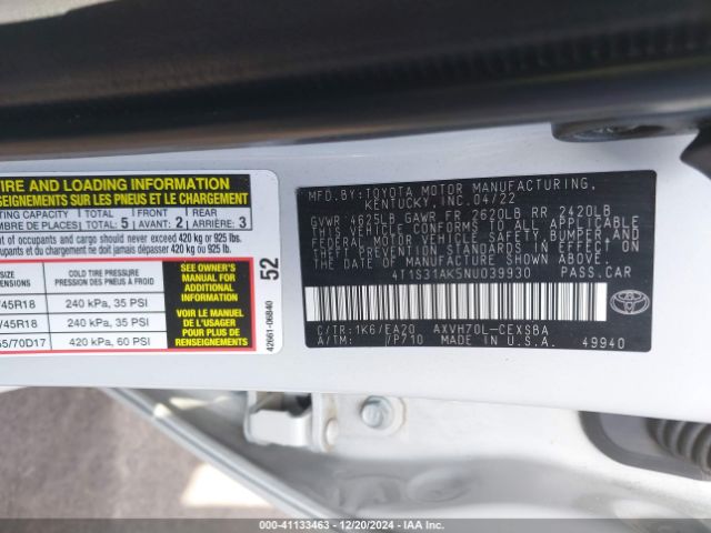 4T1S31AK5NU039930 Toyota Camry Se Hybrid