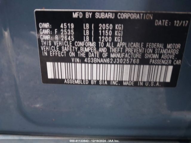 4S3BNAN62J3025768 Subaru Legacy 2.5i Limited