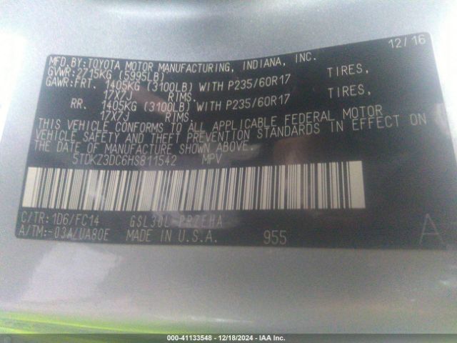 5TDKZ3DC6HS811542 Toyota Sienna Le 8 Passenger