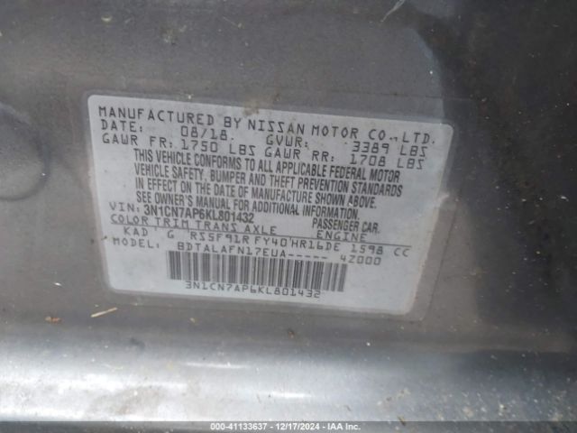 3N1CN7AP6KL801432 Nissan Versa 1.6 S