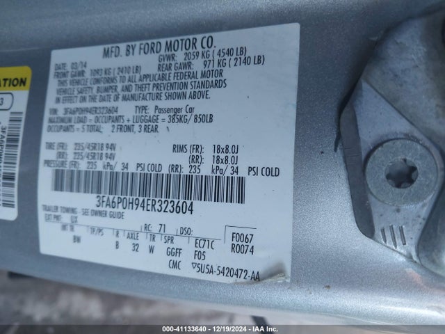 Ford FUSION SE 2014 3FA6P0H94ER323604 Image 9