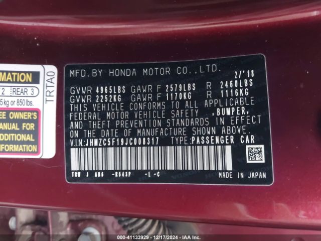 JHMZC5F19JC008317 Honda CLARITY PLUG-IN HYBRID