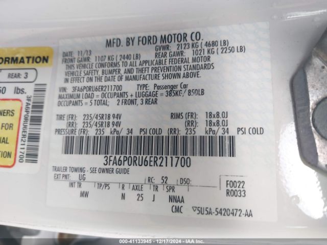 3FA6P0RU6ER211700 Ford Fusion Hybrid Titanium