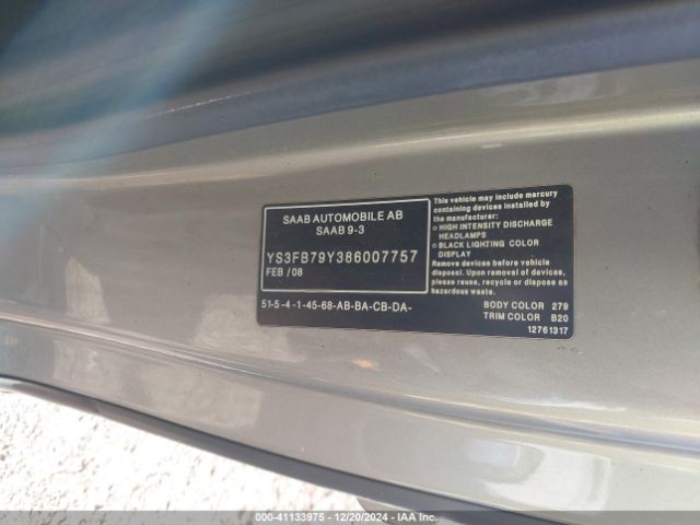 2008 SAAB 9-3 YS3FB79Y386007757 Photo 8