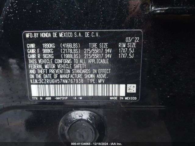 3CZRU6H57NM767938 Honda Hr-v Awd Ex