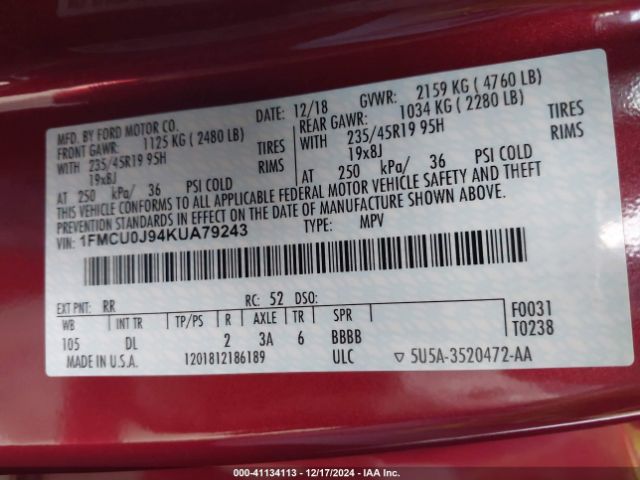 2019 FORD ESCAPE 1FMCU0J94KUA79243 Photo 8
