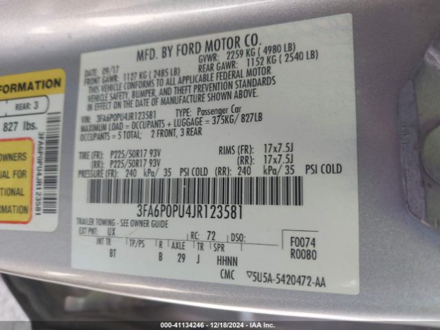 3FA6P0PU4JR123581 Ford Fusion Energi Se Luxury