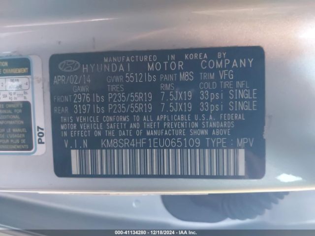 KM8SR4HF1EU065109 Hyundai Santa Fe Limited