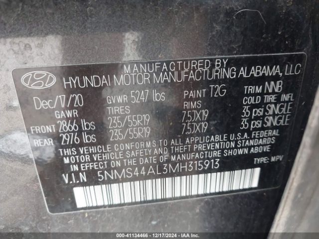 5NMS44AL3MH315913 Hyundai Santa Fe Limited