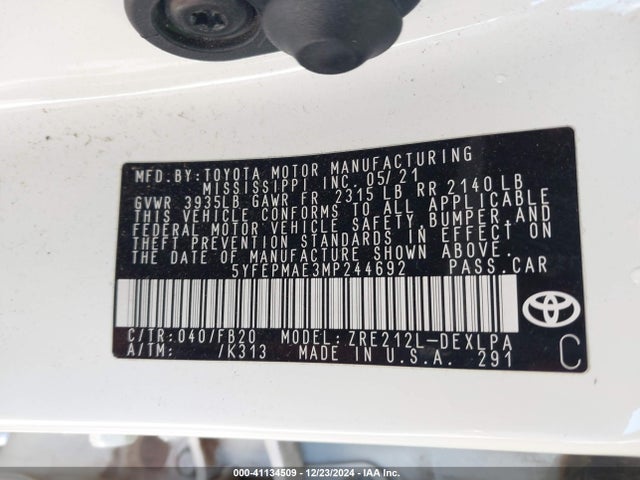 5YFEPMAE3MP244692 Toyota COROLLA LE