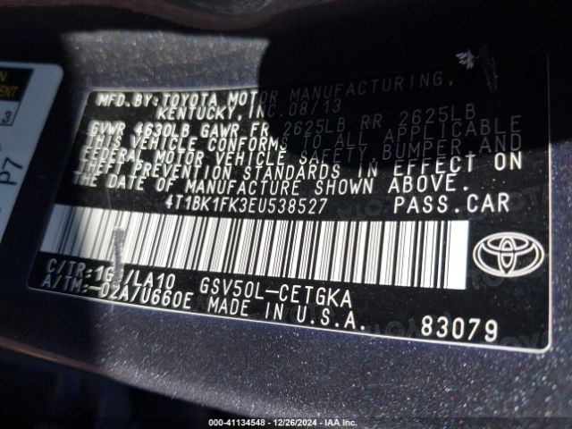 4T1BK1FK3EU538527 Toyota Camry Xle V6