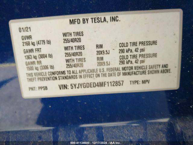 5YJYGDED4MF112857 Tesla Model Y Standard Range Rear-wheel Drive