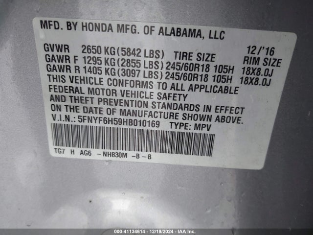Honda Pilot Ex-l 2017 5FNYF6H59HB010169 Image 9