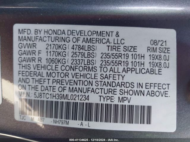 5J8TC1H39ML021234 Acura Rdx Standard