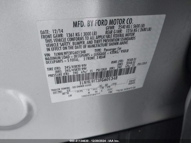Lincoln Mks Ecoboost 2015 1LNHL9FT3FG601348 Image 9