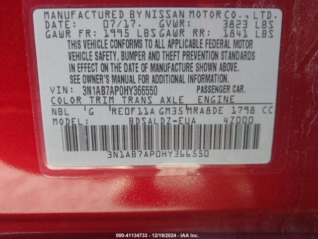 Nissan SENTRA SV 2017 3N1AB7AP0HY366550 Image 9