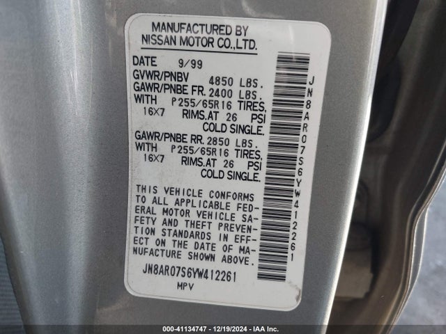 41134747 :رقم المزاد ، JN8AR07S6YW412261 vin ، 2000 Nissan Pathfinder Le/se/xe مزاد بيع