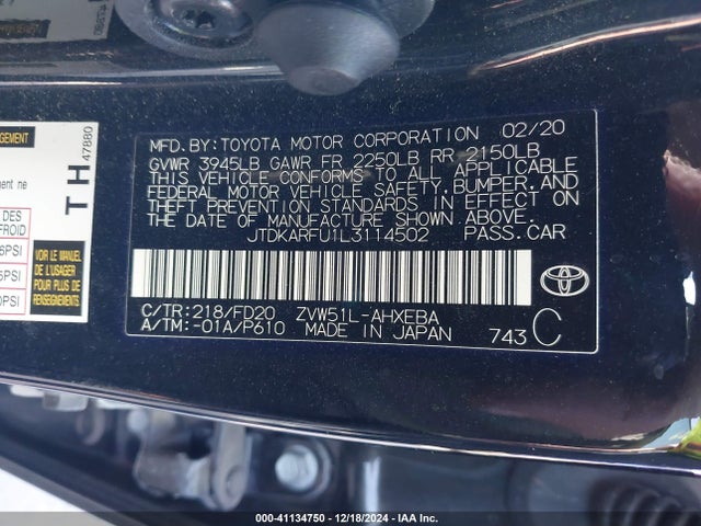 JTDKARFU1L3114502 Toyota Prius Le