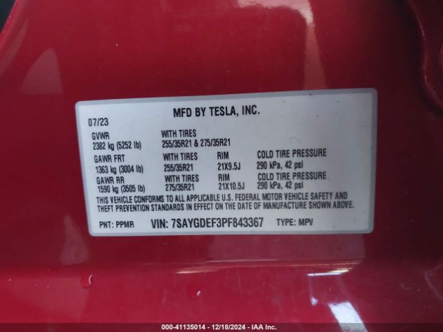 7SAYGDEF3PF843367 Tesla Model Y Performance Dual Motor All-wheel Drive