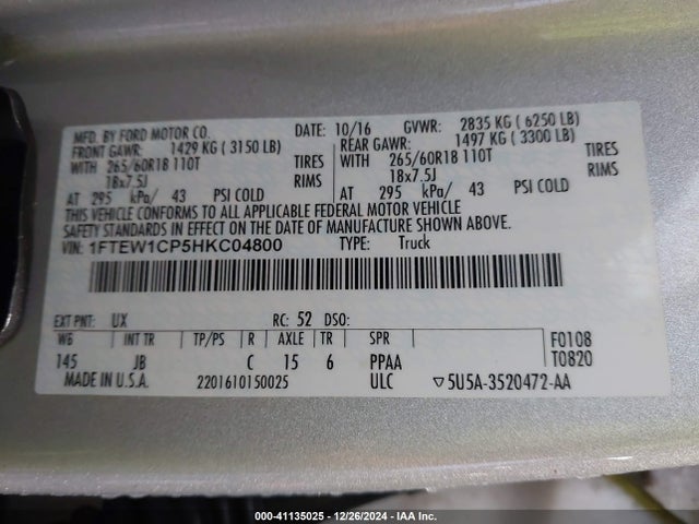 Ford F-150 Xlt 2017 1FTEW1CP5HKC04800 Image 9