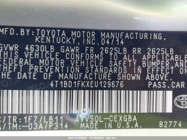 4T1BD1FKXEU129676 Toyota Camry Hybrid Xle