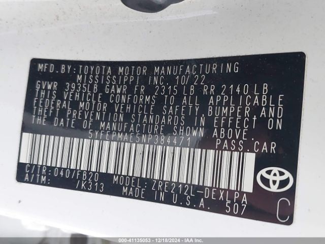 5YFEPMAE5NP384471 Toyota COROLLA LE