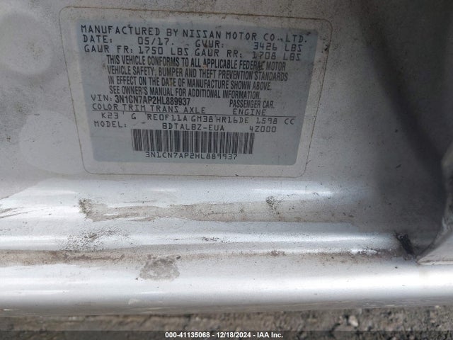 3N1CN7AP2HL889937 Nissan Versa 1.6 Sv
