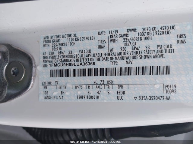 Ford ESCAPE SEL 2020 1FMCU9H99LUA36366 Image 9