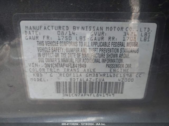 3N1CN7AP4FL841949 Nissan Versa 1.6 S+