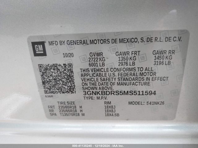 3GNKBDRS5MS511594 Chevrolet Blazer Fwd 3lt