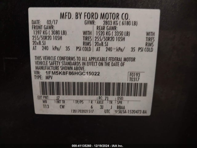 Ford Explorer Limited 2017 1FM5K8F86HGC15022 Image 9