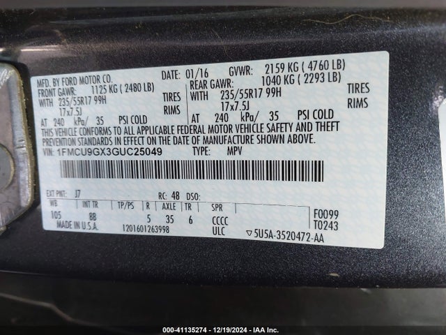 Ford ESCAPE SE 2016 1FMCU9GX3GUC25049 Image 9