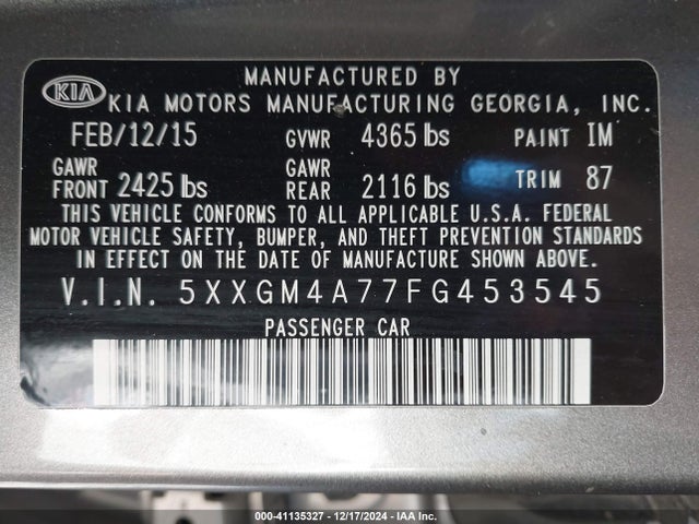 KIA Optima Lx 2015 5XXGM4A77FG453545 Image 9
