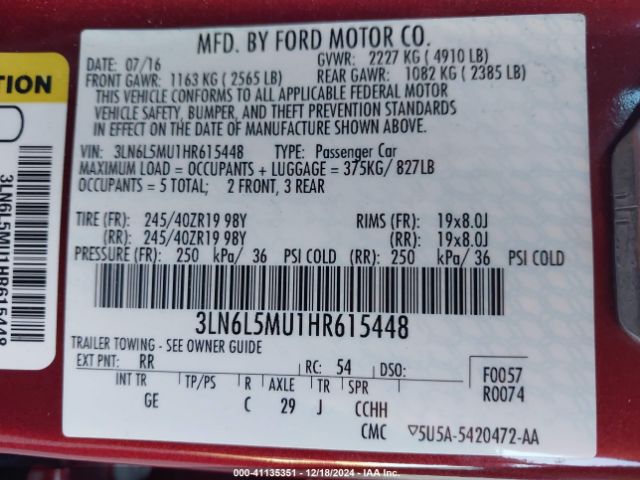 3LN6L5MU1HR615448 Lincoln Mkz Hybrid Reserve