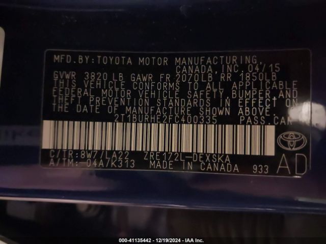 2T1BURHE2FC400335 Toyota Corolla S Premium