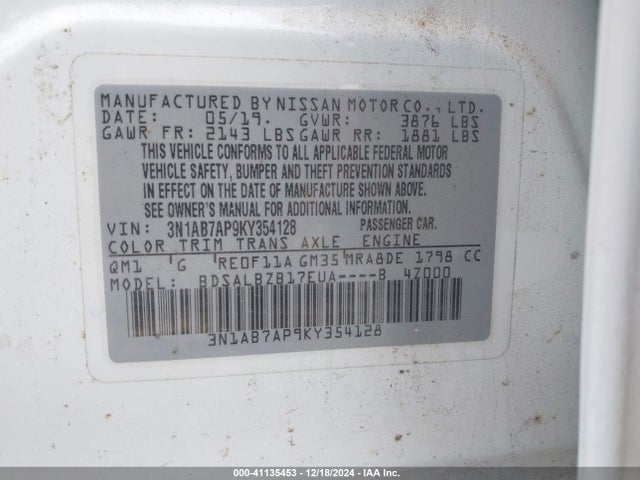 3N1AB7AP9KY354128 Nissan SENTRA S